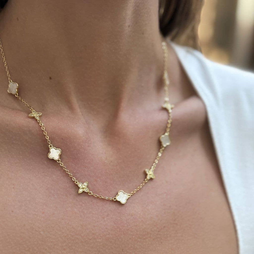 14k Gold Plated Mixed Mother of Pearl and CZ Clover Station Necklace MSRP $70