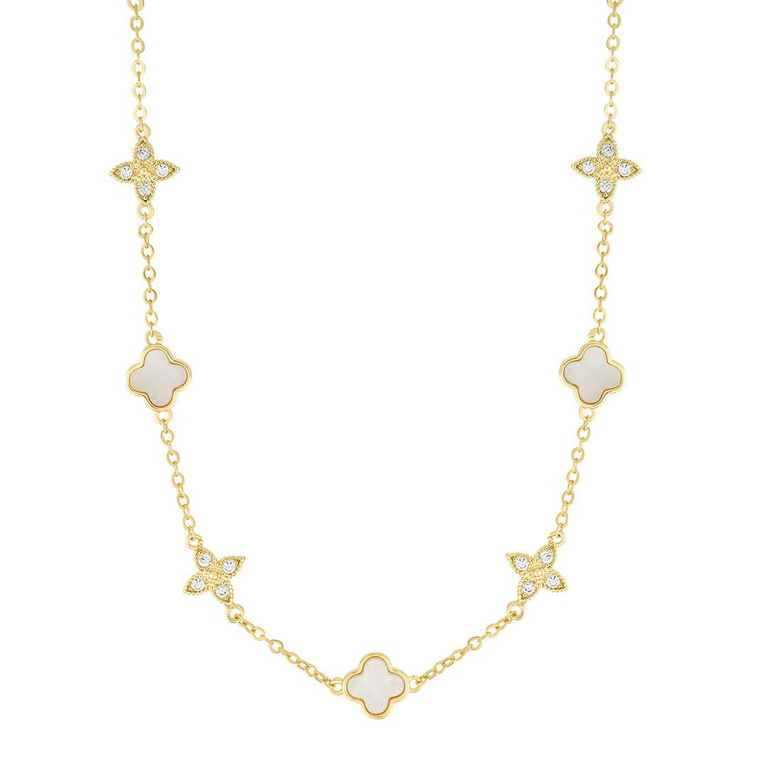14k Gold Plated Mixed Mother of Pearl and CZ Clover Station Necklace MSRP $70