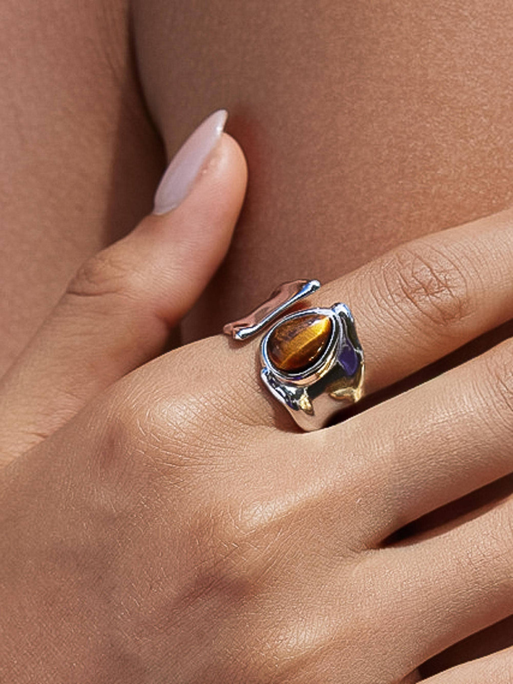Jaspe Silver Non-Tarnish Tiger Eye Statement Ring