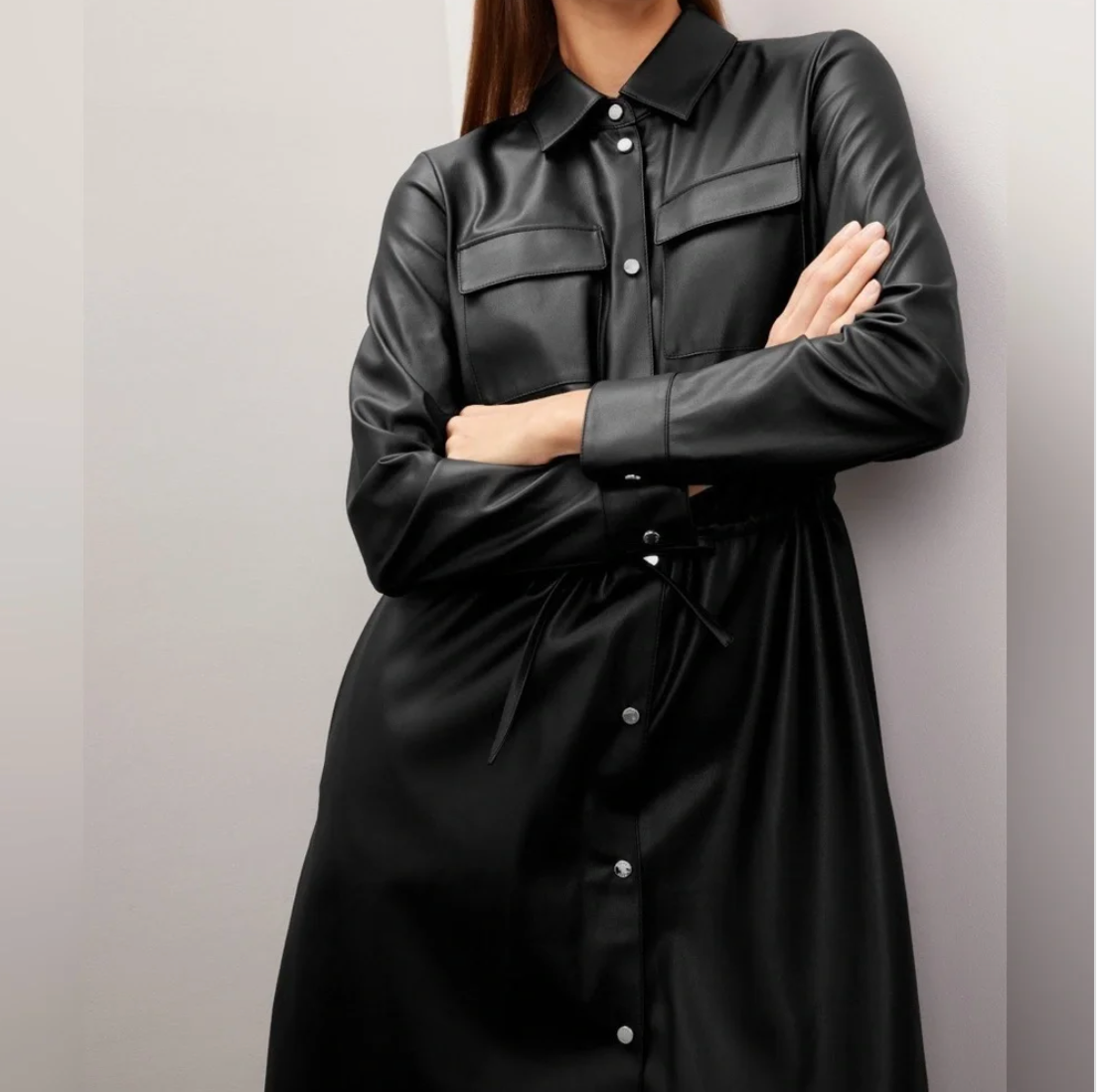 Hugo Boss Black Faux Leather Jacket Button Front Women’s Size 8