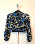 A.L.C. Malley Silk Cropped Blouse Blue Black Floral Print Long Sleeve Size S