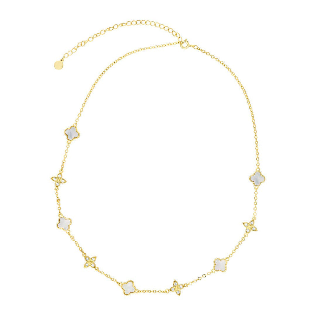 14k Gold Plated Mixed Mother of Pearl and CZ Clover Station Necklace MSRP $70