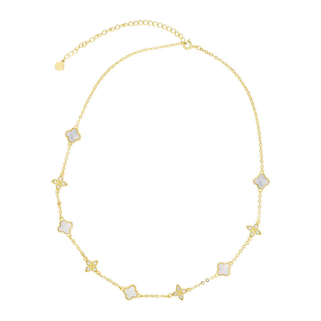 14k Gold Plated Mixed Mother of Pearl and CZ Clover Station Necklace MSRP $70