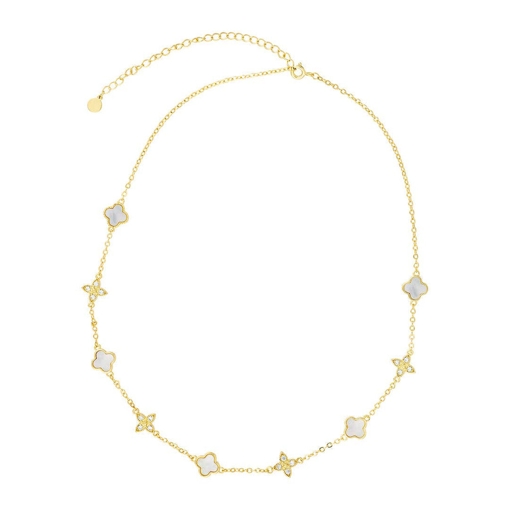 14k Gold Plated Mixed Mother of Pearl and CZ Clover Station Necklace MSRP $70
