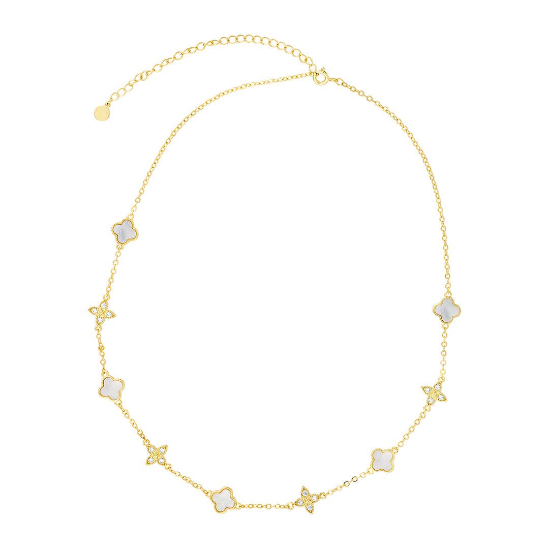 14k Gold Plated Mixed Mother of Pearl and CZ Clover Station Necklace MSRP $70